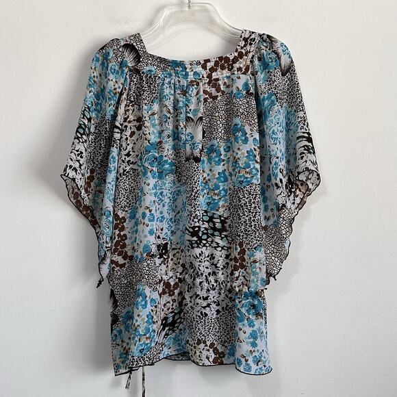 Sere Nade Top M Blue Brown Animal Chiffon Drawstring Split Sleeve Popover Boho - Picture 9 of 9